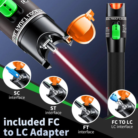 Amazon Visual Fault Locator VFL fiber optic tester kit with FC to LC adapter, black handheld unit with green switch and orange cap.