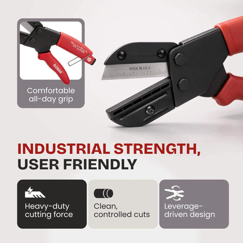 Heavy-duty industrial cutter for plastic, rubber, wood, leather and PEX, single unit with 3 replaceable razor blades, ergonomic handle