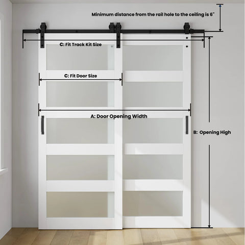 Space Saver Double Glass Barn Door Kit With 6.6 Ft Bypass Hardware For 60 To 64 Inch Openings, 5-Panel Frosted Glass, Easy Install