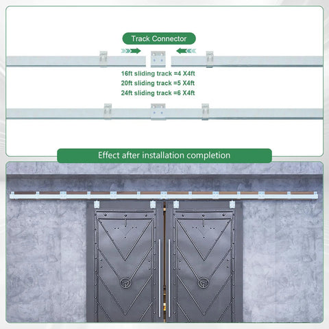 Beefy 16 Ft Exterior Box Track Barn Door Hardware Kit For Outdoor Use Heavy Duty Wall Mount Rail System for Double Sliding Doors installed.