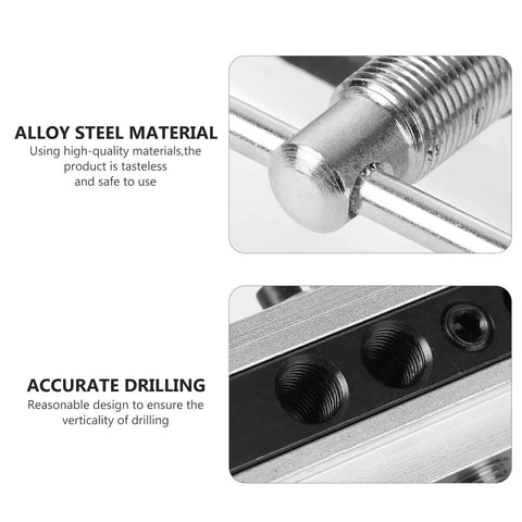 Close-up view of Self Centering Dowel Drilling Locator Jig with six hardened steel bushings, showing alloy steel material and accurate drilling features.