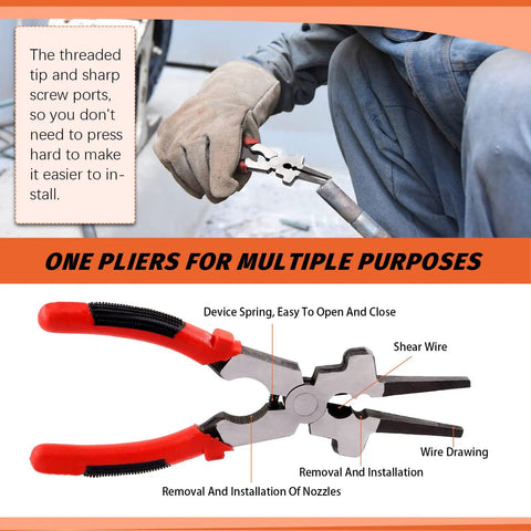 All In One Mig Welding Pliers Set 8 Inch With Stainless Steel Wire Gauge And Sheet Thickness Gauge For Quick Wire Cutting Splatter Removal And Precise Measurements, side view with red grips.