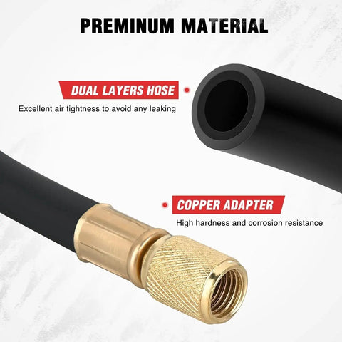 Close-up of dual layers hose and copper adapter for Fuel Pressure Tester Kit 0-100 PSI With Quick Connects 1/4 3/8 5/16 Fittings.