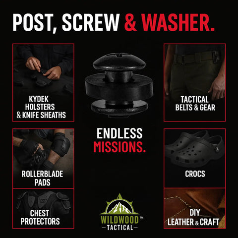 DIY Chicago Screws Set For Kydex And Leather Holsters And Knife Sheaths One Quarter Inch Includes Twelve Phillips Truss Heads Twelve Open Slotted Fasteners And Twelve Rubber Washers Spacers Ideal For Gun Holster Clips And Tactical Gear, featured with usage examples for holsters, belts, rollerblade pads, crocs, and chest protectors.