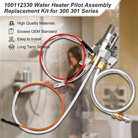 Water Heater Pilot Assembly Kit 100112330 for 300/301 Series with thermopile, red coil wire and valve fittings
