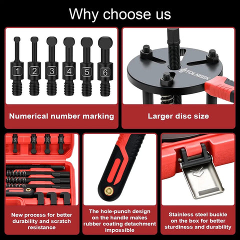 33-In-1 Bearing Puller Kit upgraded heavy-duty components with non-slip handle, numerical marking, large disc size, and durable case