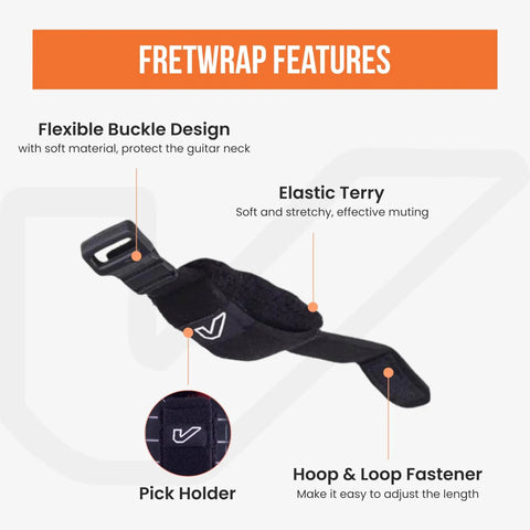 Versatile Fret Wrap Dampener features with elastic terry, buckle design, and hoop fastener for electric and acoustic guitars
