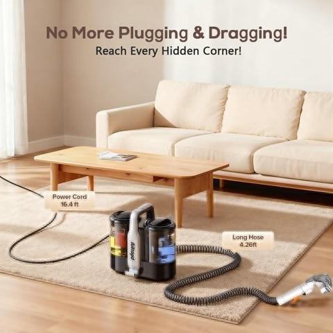 Powerful 15KPa Portable Carpet And Upholstery Cleaner From Ailltopd With Deep Stain Removal For Sofa Couch Car Seat Pet Accidents Two Brush Heads And Cleaning Solution Included on a living room floor next to a sofa.