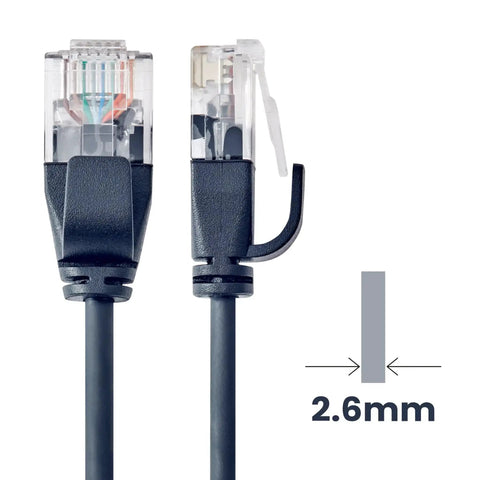 Close-up of Cat6A Ultra Slim Ethernet Patch Cable 20 Ft 34AWG U/UTP Black showing cable thickness and connectors