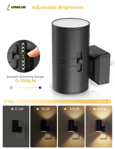 Plug In Night Light 2 Pack Dusk To Dawn Sensor Dimmable 3000K Vintage Black with dimming knob and brightness options