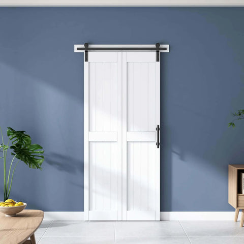 DIY Ready Space Saving Bi-Fold Barn Door Kit With Sliding Hardware, Waterproof PVC Surface, installed in living room