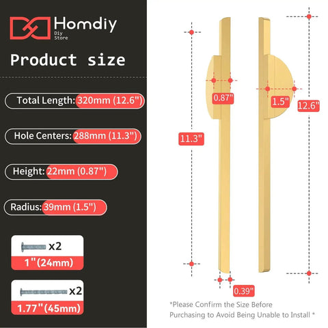 Two Pack Half Moon Cabinet Pulls Brushed Gold Semicircle Drawer Handles dimensions and hardware details with 11.3 inch centers