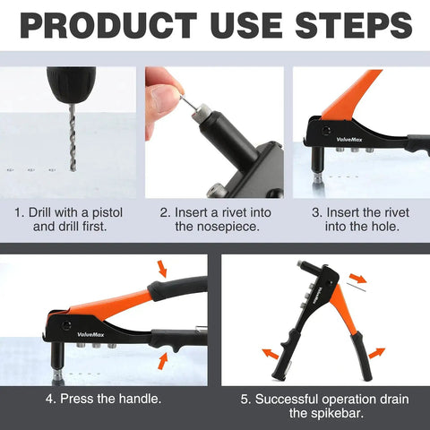 Instructions for using the 4 In 1 Hand Riveter Kit With 200 Rivets For Metalwork, Heavy Duty Rivet Gun, showing drilling and riveting steps.