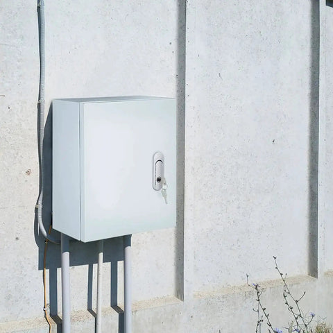 Heavy Duty Outdoor Weatherproof Electrical Box Wall Mount Control Enclosure Junction Box Thickened Steel Cabinet With Lockable Panel 250 By 300 By 140 mm For Industrial Use mounted on wall