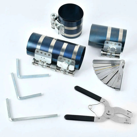 All In One 8 Piece Piston Ring Compressor Kit For Car Engines With Adjustable 3 Inch 4 Inch And 6 Inch Diameters Includes Pliers Hex Keys And Stainless Steel Feeler Gauge For Fast Engine Builds Worldity displayed on white background.