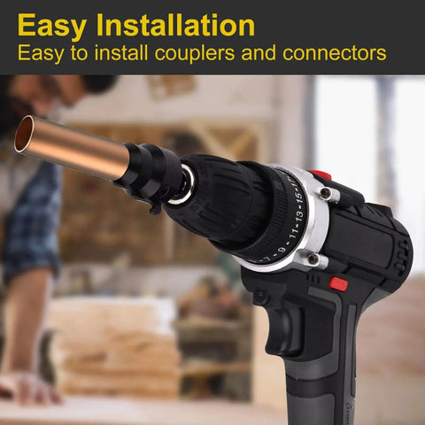 Universal EMT Conduit Reamer For One Half Inch Three Quarter Inch And One Inch Pipes With Improved Bit Retention Deburring And Chamfering Reaming Screwdriver For Drill Chucks And Quick Release Adapters Valkynos attached to a drill.