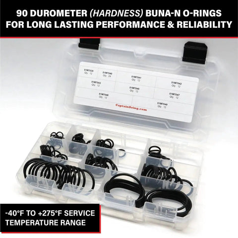 120 Piece Pro Grade O Ring Kit For SAE J2244/2 ISO 6149 Metric Port Hydraulic Fittings Includes 9 Sizes Buna N 90 Durometer O Rings Compatible With John Deere And Other Hydraulic Equipment in a plastic case with size chart visible.