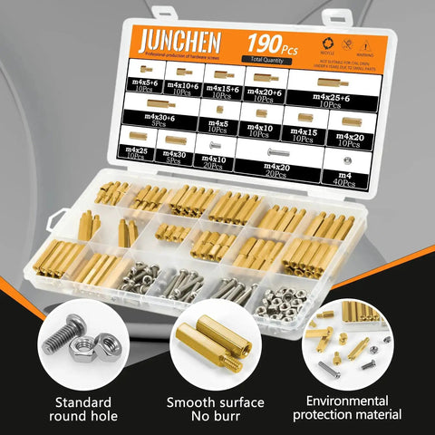 M4 Hex Brass Spacers And Standoffs Kit For PCBs And Computer Projects 190Pcs in open case with nuts and screws visible