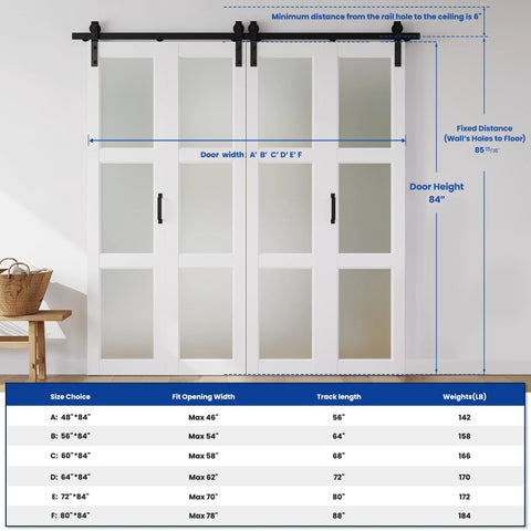 72 Inch By 84 Inch Bifold Barn Door With Frosted Glass Hardware Kit Included Pre Drilled Holes No Fuss Easy Assembly White Waterproof PVC Coated Solid Slab Space Saving Design For Laundry Room Pantry Closet Kitchen And More, shown installed with measurements.