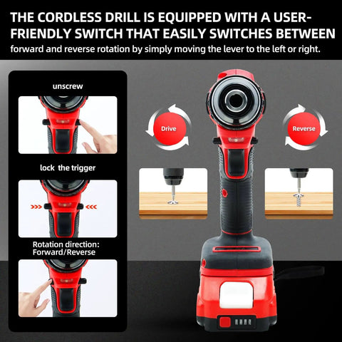 Front view of 21V Max Cordless Drill Driver Kit With 2 Batteries And Charger, Built In LED, Brushless Motor showing forward/reverse switch.