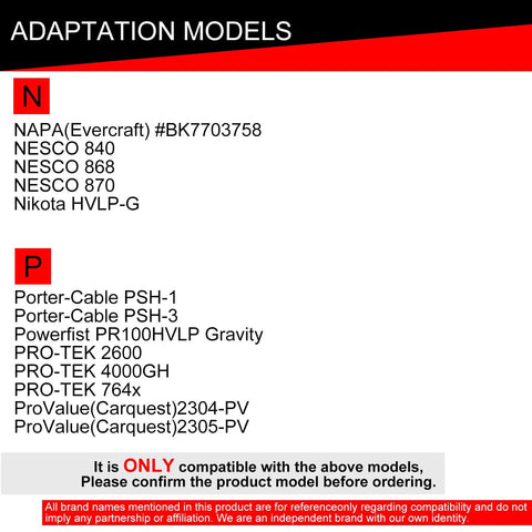 Spray gun adapter compatibility chart with red header bar listing NAPA (Evercraft), Nesco, and Porter-Cable models.