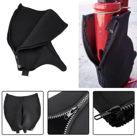 Neoprene Jack Cover For Lift Jacks And Farm Jacks, Waterproof Protective Sleeve on red jack, durable material, close-up zipper view.