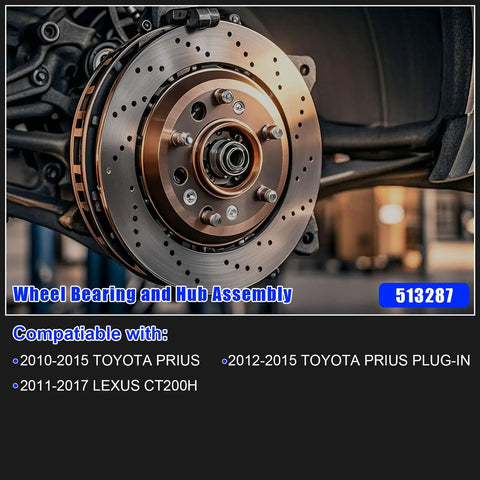 Bolt-On Front Wheel Hub Bearing Assembly For Toyota Prius 2010-2017, Prius Plug-In 2012-2015, And Lexus CT200h 2011-2017, 5 Lug With ABS, Front Wheel Drive Direct Replacement shown installed on vehicle