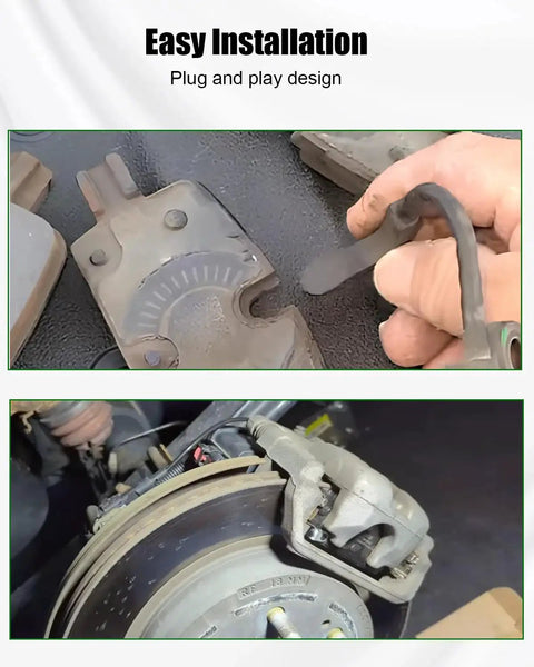 TIKSCIENCE brake pad wear sensor; close-up of sensor mounting tab and installed brake caliper with rotor