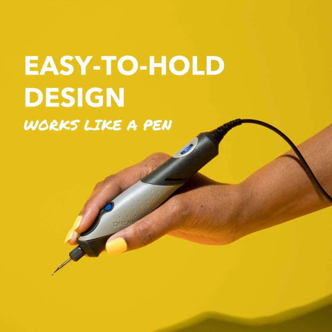 Versatile 120V Rotary Tool Kit With 15 Accessories For Wood Carving, Glass Engraving, And Jewelry Making, Quiet Yet Powerful Engraving Pen For Home Crafting And DIY Projects With A 6 Foot Cord shown in hand.