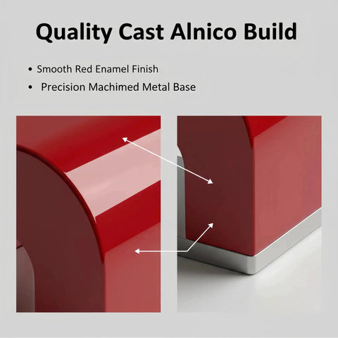 Close-up of 30Lb Red Cast Horseshoe Magnet Alnico U Magnet For Nails DIY Education showing red enamel finish and metal base.