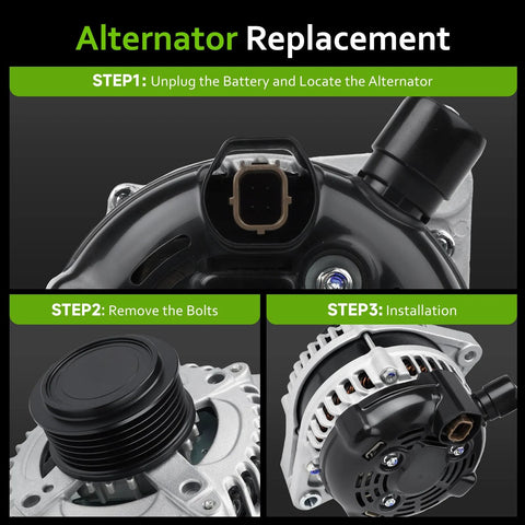 New V6 3.5L Alternator Replacement For Odyssey Pilot And Ridgeline Reliable Auto Part installation steps and close-up view.
