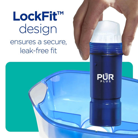 Hand installing Plus Water Filter Replacement Pitchers And Dispensers 6 Month Supply 3 Count cartridge with LockFit design into pitcher