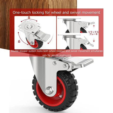 4 Inch Swivel Caster Wheels With Dual Locking And Rubber Tires Heavy Duty 300 Lb Per Caster Load Capacity close-up showing lock mechanism