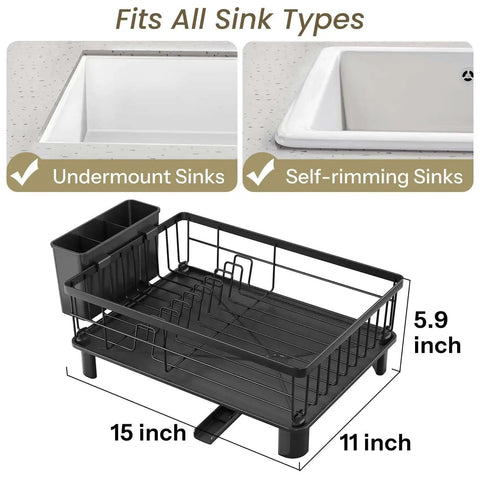 Space Saving Dish Rack For Small Kitchens With Utensil Holder And Drainboard, Angled Drainer In Stainless Steel Dimensions