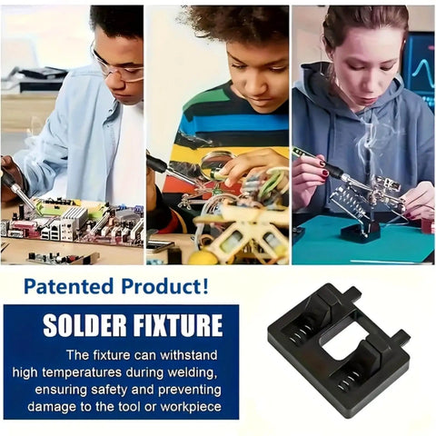 Compact Hands Free Welding Fixture Stand With Electrode Holder For MIG TIG And Spot Welding Keeps Wires Locked And Aligned While You Work Lightweight Welding Accessory For Faster Soldering And Precise Pro Grade Stability, shown in use and close-up view.