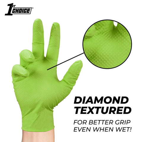 Close-up of Green Nitrile Disposable Gloves with Raised Diamond Grip for Mechanics Large showing texture detail.