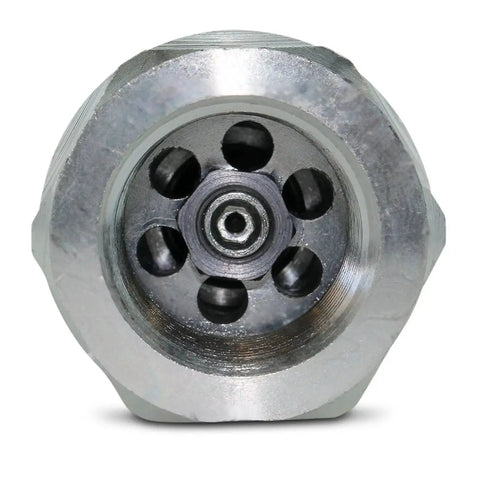 Close-up of the Flat Face Three Quarters Inch NPT Hydraulic Quick Disconnect Couplers Set For Skid Steers With Dust Caps High Flow Performance.