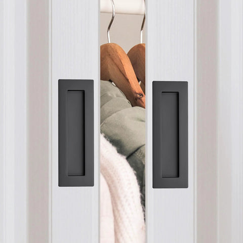 Two Pack Pocket Door Handles 5.9 Inch Rectangular Recessed Pulls For Sliding Closet And Barn Doors Black Flush Finger Pulls Stainless Steel 304 Solid Metal Durable Hardware With Smooth Operation installed on white doors