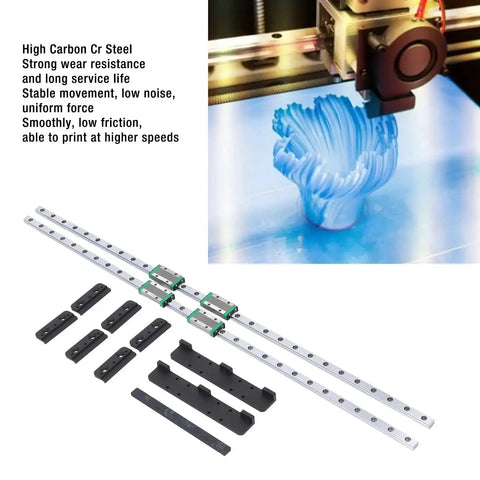 Two Piece Y Axis Linear Guide Rail Set For Neptune 3 Maximum And Neptune 4 Maximum 3D Printers High Carbon Steel Low Noise Slide Blocks For Smooth Precise Motion Upgrade With No Firmware Tweaks No Hassle shown with components and 3D printer in action