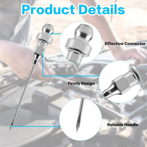 Grease Gun Needle Accessory Set Eight Pieces Including Six Injector Needles One Needle Dispenser And One Nipple Adapter For Sealed Joints 18 Gauge Durable Metal Construction Built For Pros And DIY Bearing Grease And Tight Tolerances, needle close-up