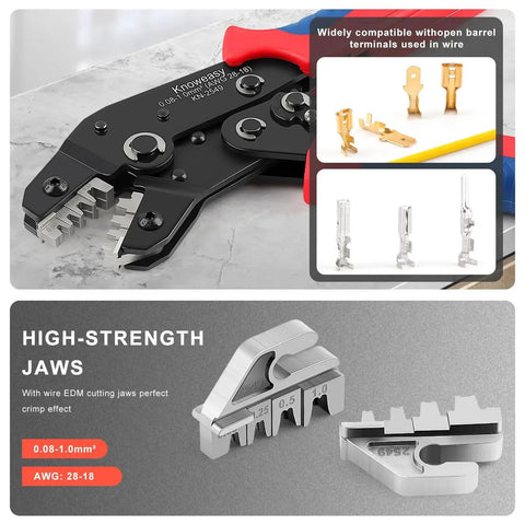 Versatile Precision Crimp Tool KN-2549 Pro Grade With Automatic Release For JST Molex Dupont Terminals showing high-strength jaws and components.