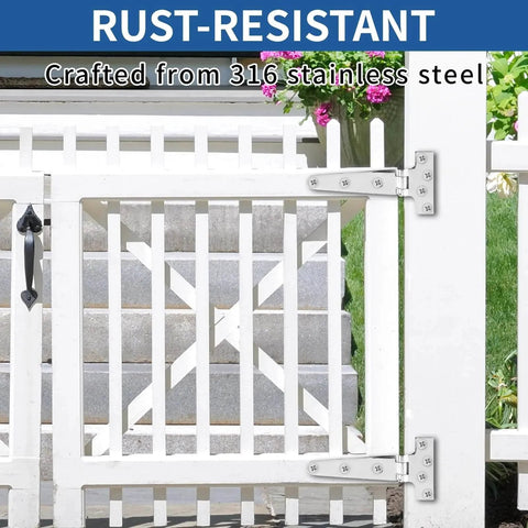 White gate with installed 316 Stainless Steel T Strap Barn Door Hinges Heavy Duty 6 Inch Outdoor Gate Set Of 4, close-up view.
