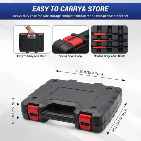 Hard case for 61 Piece Thread Repair Kit For Auto Mechanics And DIYers With Taps Dies Files And Pitch Gauges Rethread Damaged Screws Bolts.