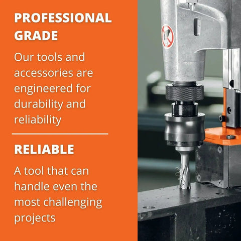 Slugger By Fein HSS Annular Cutter with enhanced cutting geometry drilling through metal, focus on durability and reliability.
