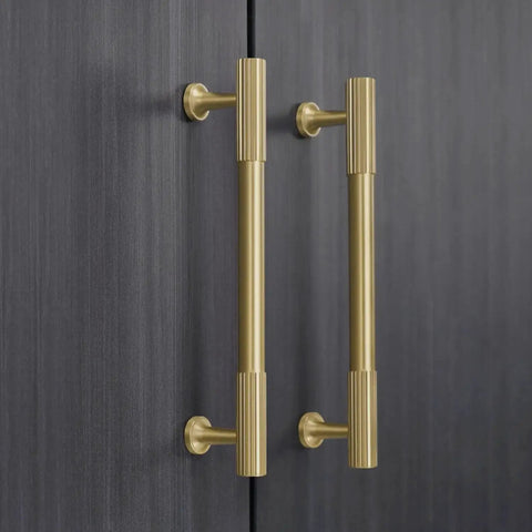 Brushed Gold Modern Kitchen Cabinet Handles Set 5 Pack Solid Brass Drawer Pulls on dark cabinet