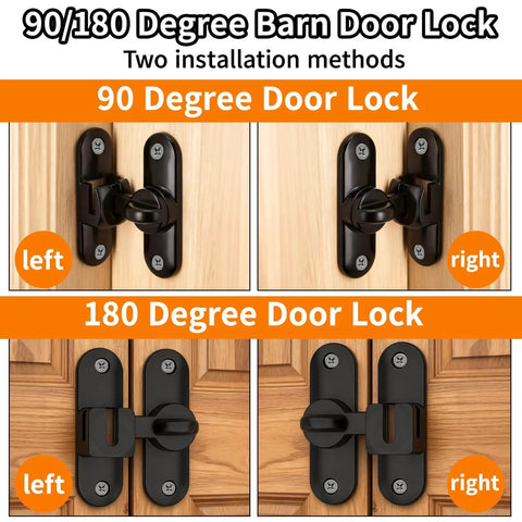 90/180 Degree Barn Door Lock With Flip Latches, installed on wooden door, showing two installation methods, black zinc alloy hardware