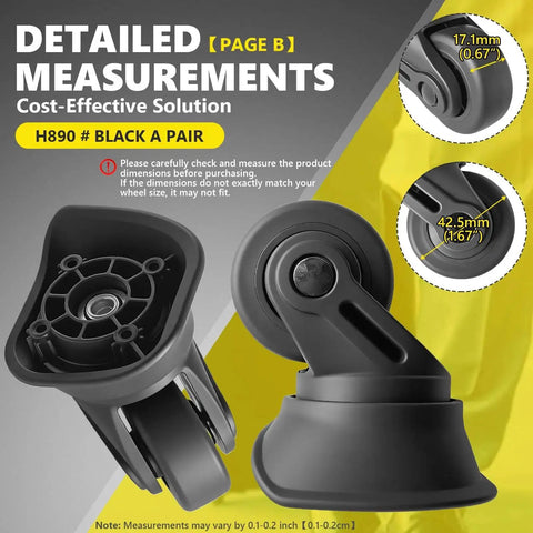 Universal Luggage Wheels Replacement Kit with 360 Degree Rotating Caster, detailed measurements displayed