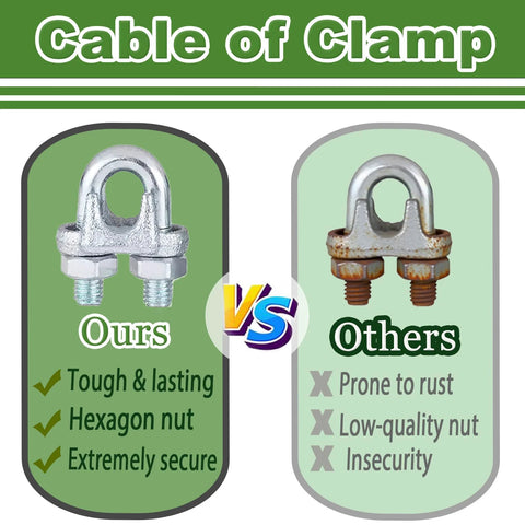 Two M8 5/16 in zinc-plated wire rope clamps (U-bolt); left shiny silver, right rusty, product comparison image