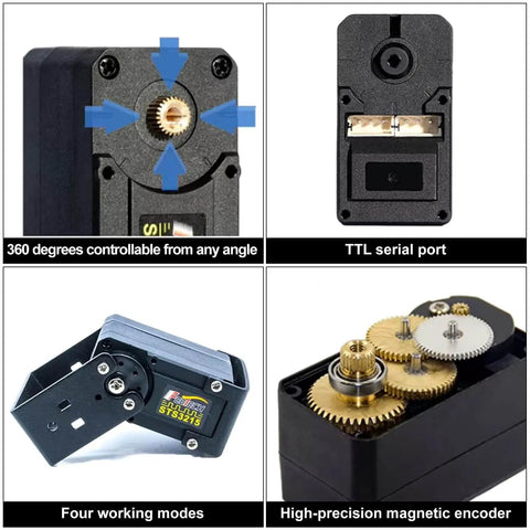 Close-up of 360 Degree Robotic Servo Motor With Magnetic Encoder And Serial Bus, 7.4V, 19Kg Torque, with internal gears and ports.