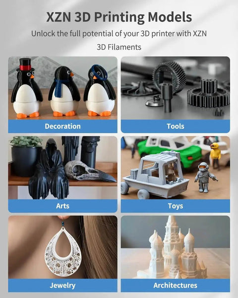 Collage of 3D printed models including penguins, gear tools, fantasy statue, toy trucks, jewelry, and architectural miniatures.